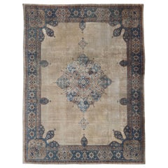Antique Hand Knotted Amritsar Carpet in Taupe, Light Brown and Blue Accent's