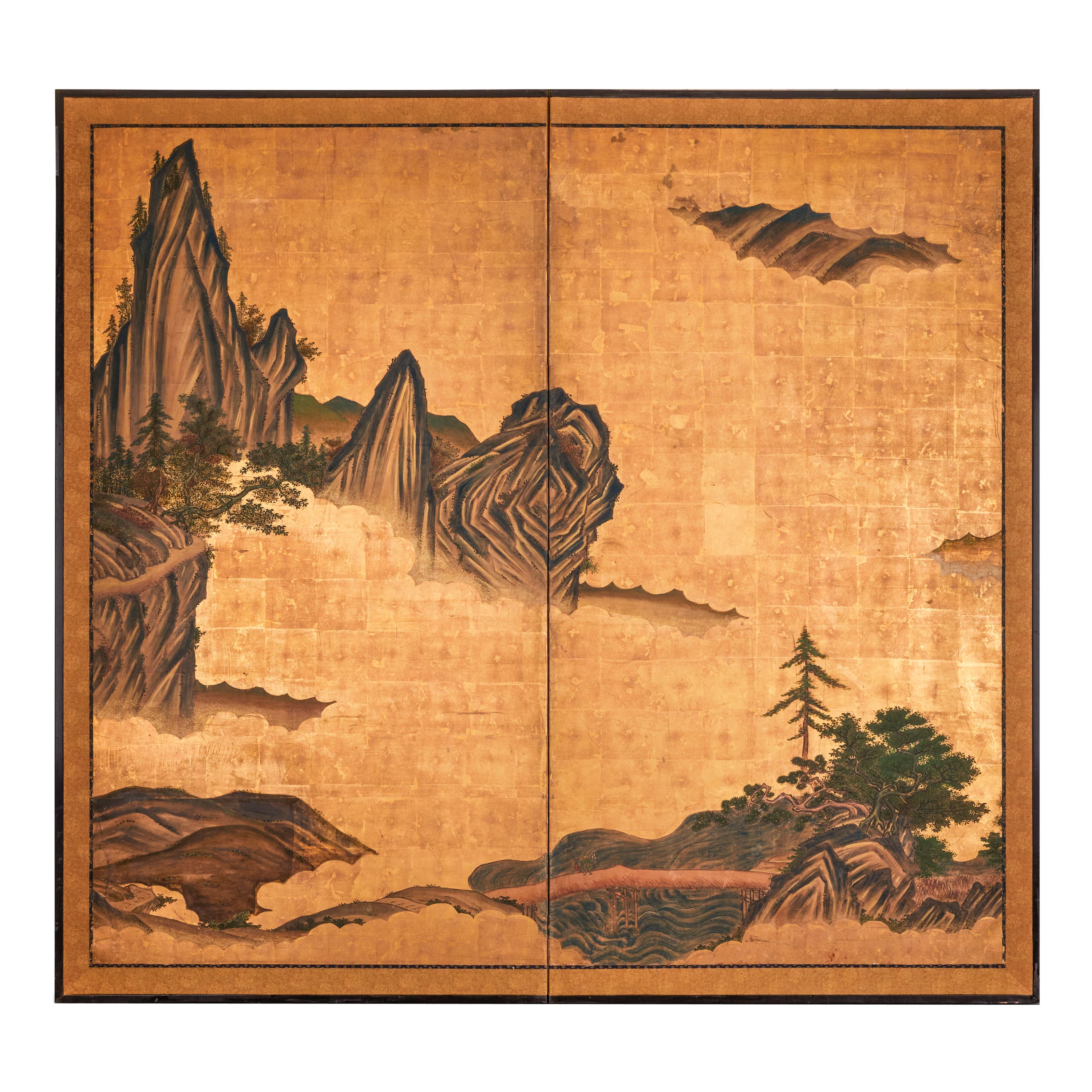 Japanese Two Panel Screen: Mountain Landscape With Cedar and Pine on Gold Leaf For Sale
