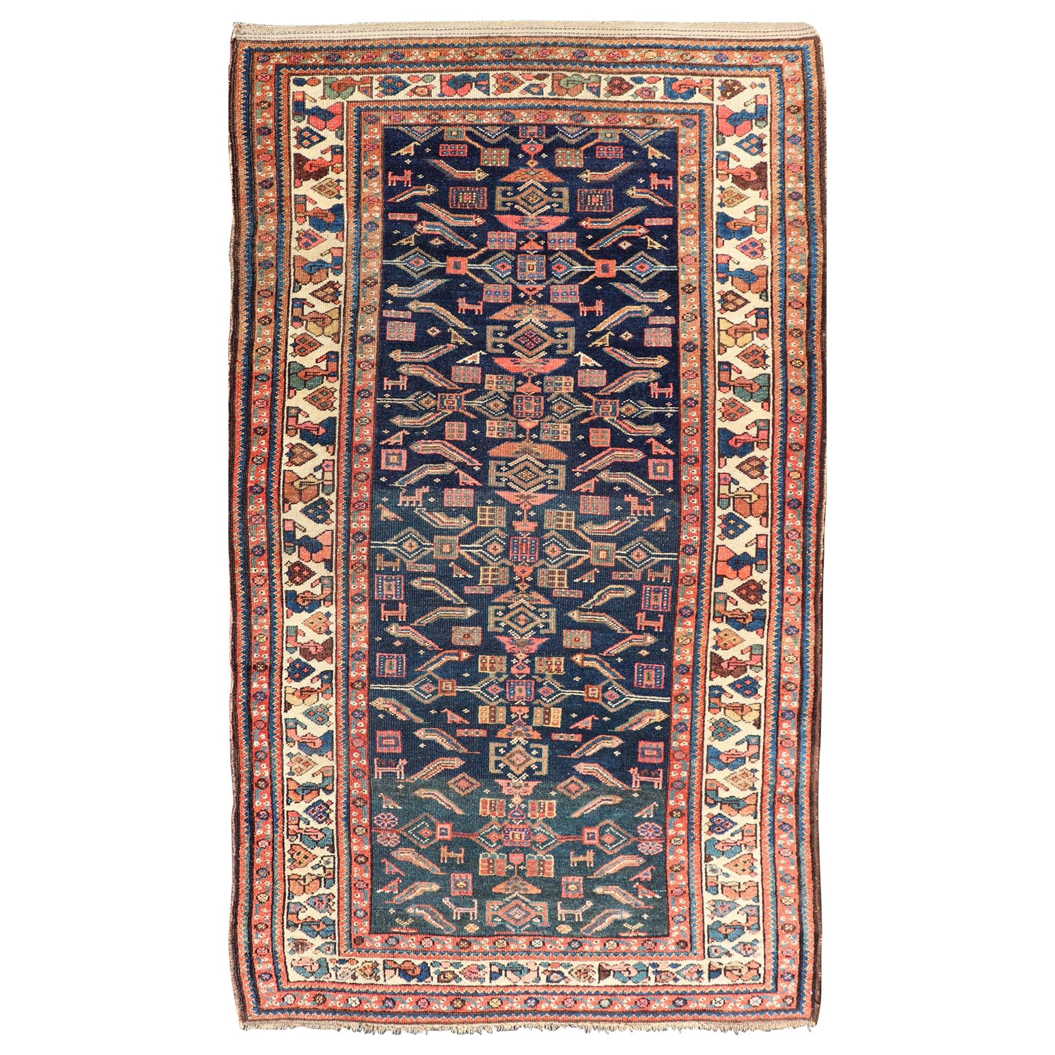 Antique Kurdish Rug With All-Over Geometric Design on a Blue Background For Sale