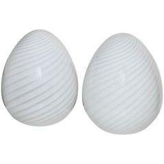 Pair of Italian Modern Vetri Murano Hand Blown Swirl White Glass Egg Table Lamps 4