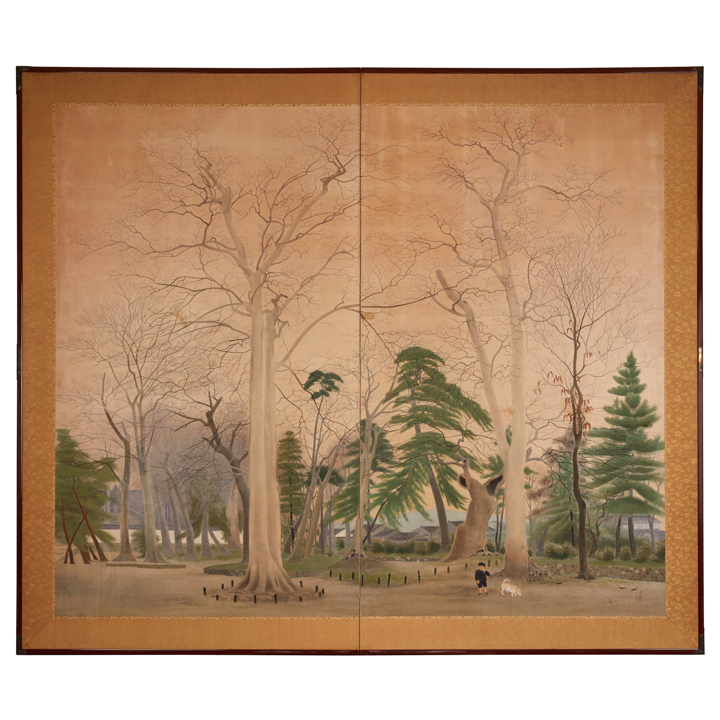 Japanese Two Panel Screen: A Boy and His Shiba Dog on Temple Grounds For Sale
