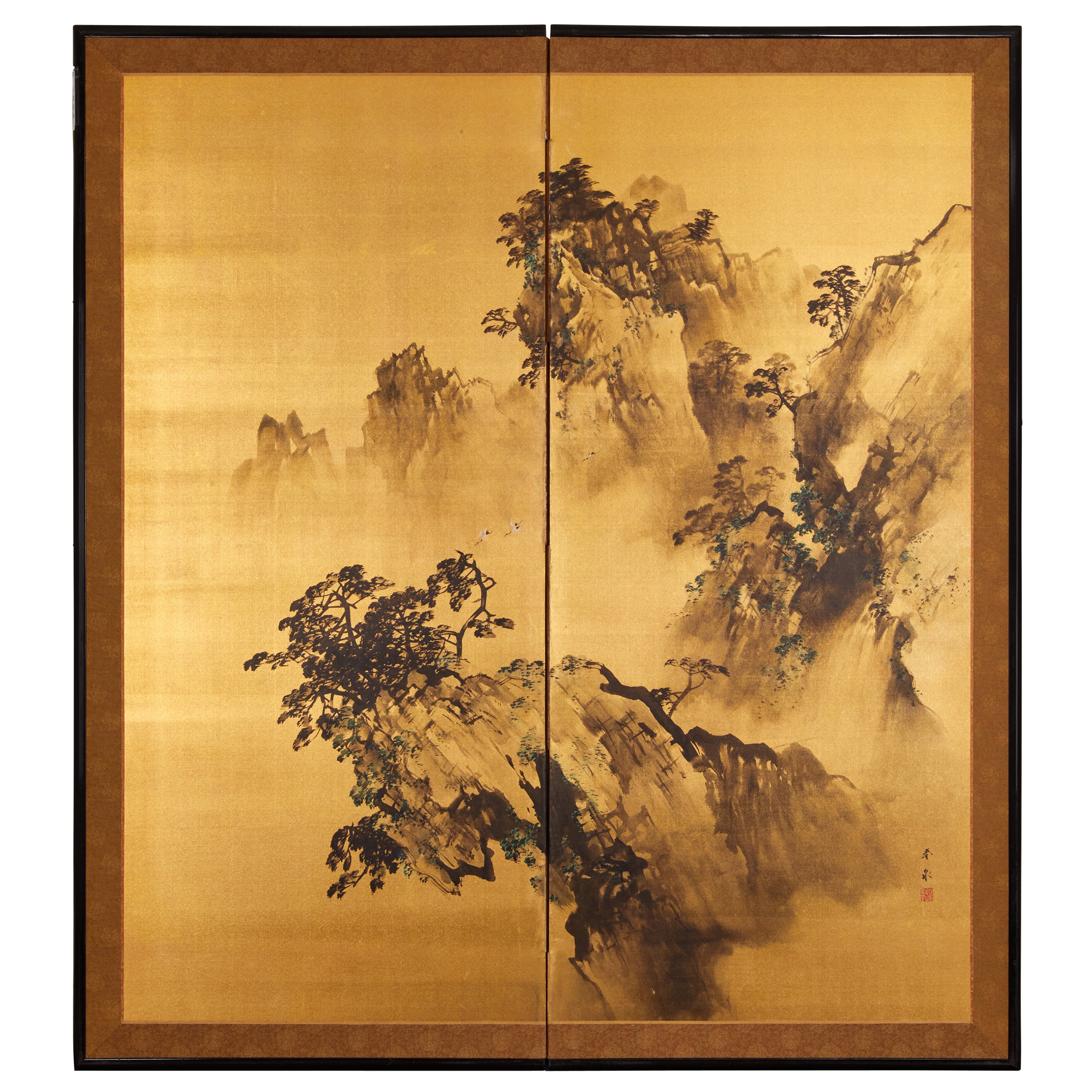 Japanese Two Panel Screen: Craggy Landscape on Gold Sil For Sale