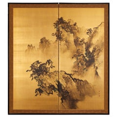 Antique Japanese Two Panel Screen: Craggy Landscape on Gold Sil