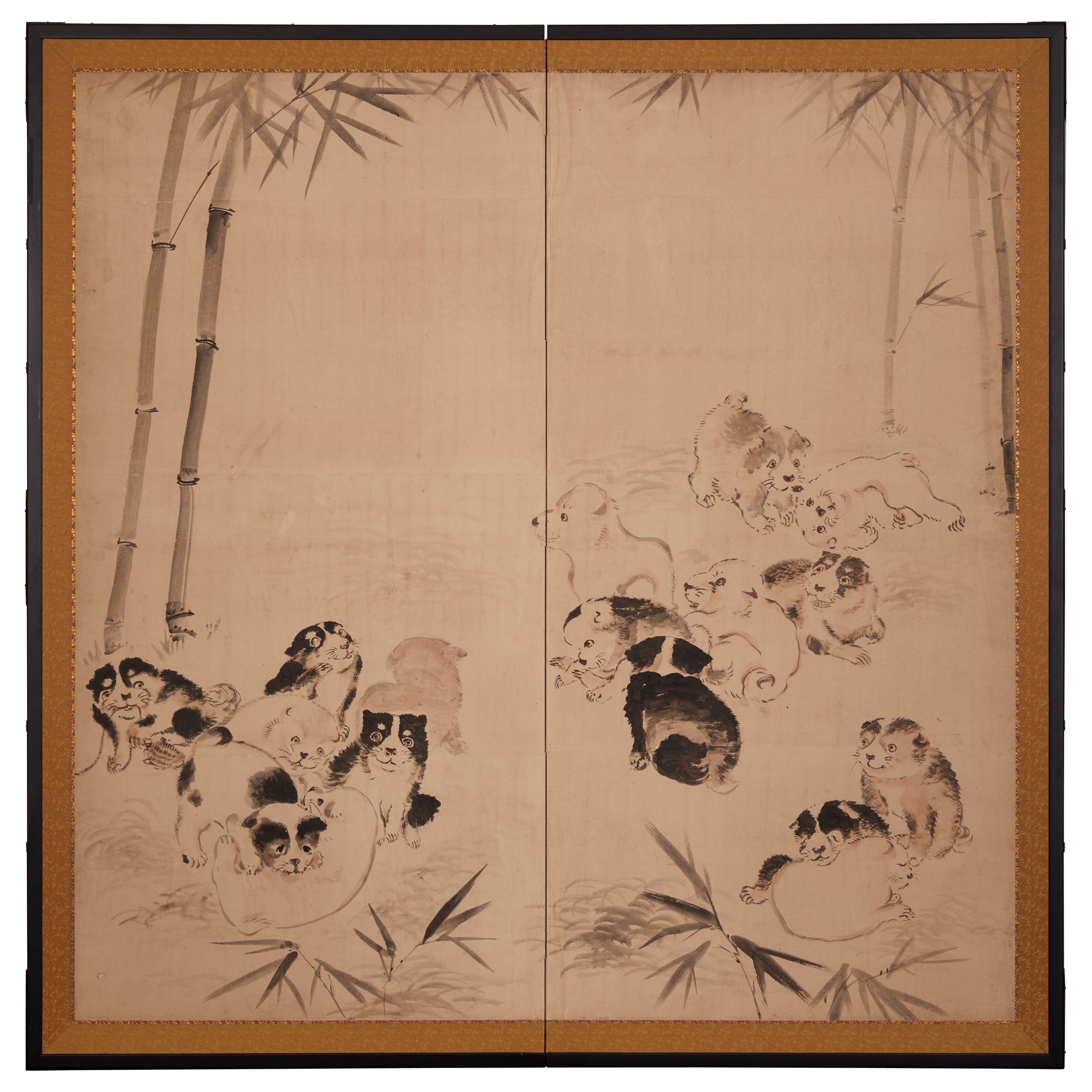 Japanese Two Panel Screen: Romping Puppies in Bamboo Grove For Sale