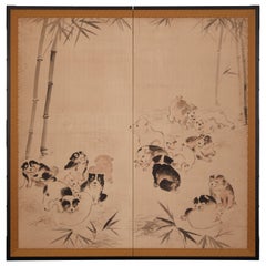 Japanese Two Panel Screen: Romping Puppies in Bamboo Grove