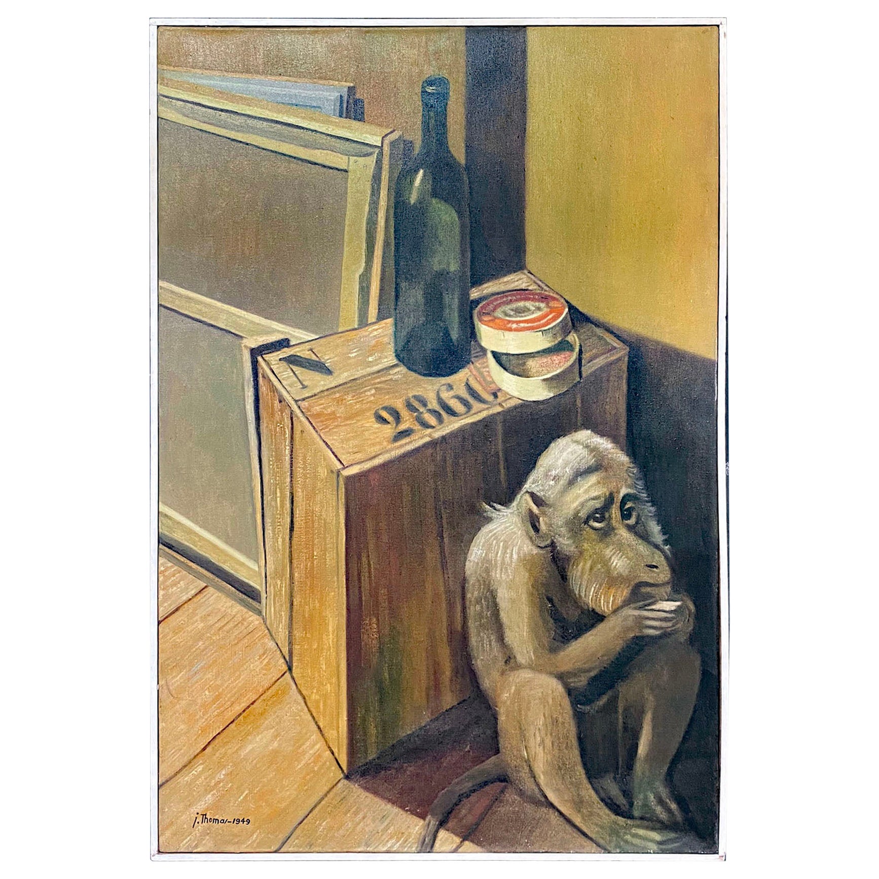 « singe avec camembert », grande huile sur toile de Jean Thomas (1923-2019)  1949