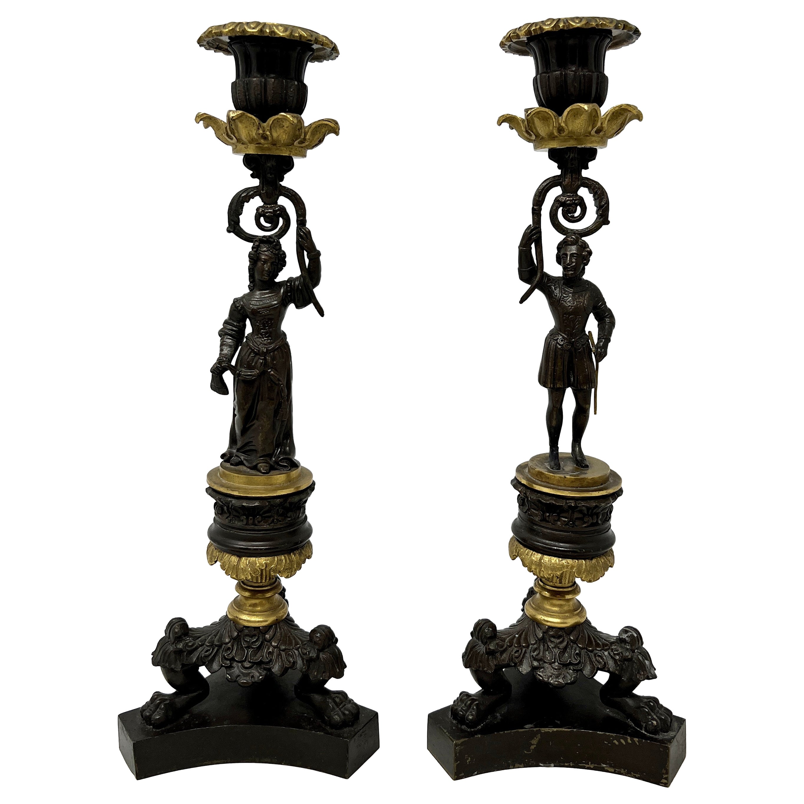 Pair of Antique French Bronze Figural Sticks, circa 1890 For Sale