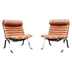 Vintage Pair of Arne Norell "Ari" Lounge Chairs Cognac Leather Chromed Steel
