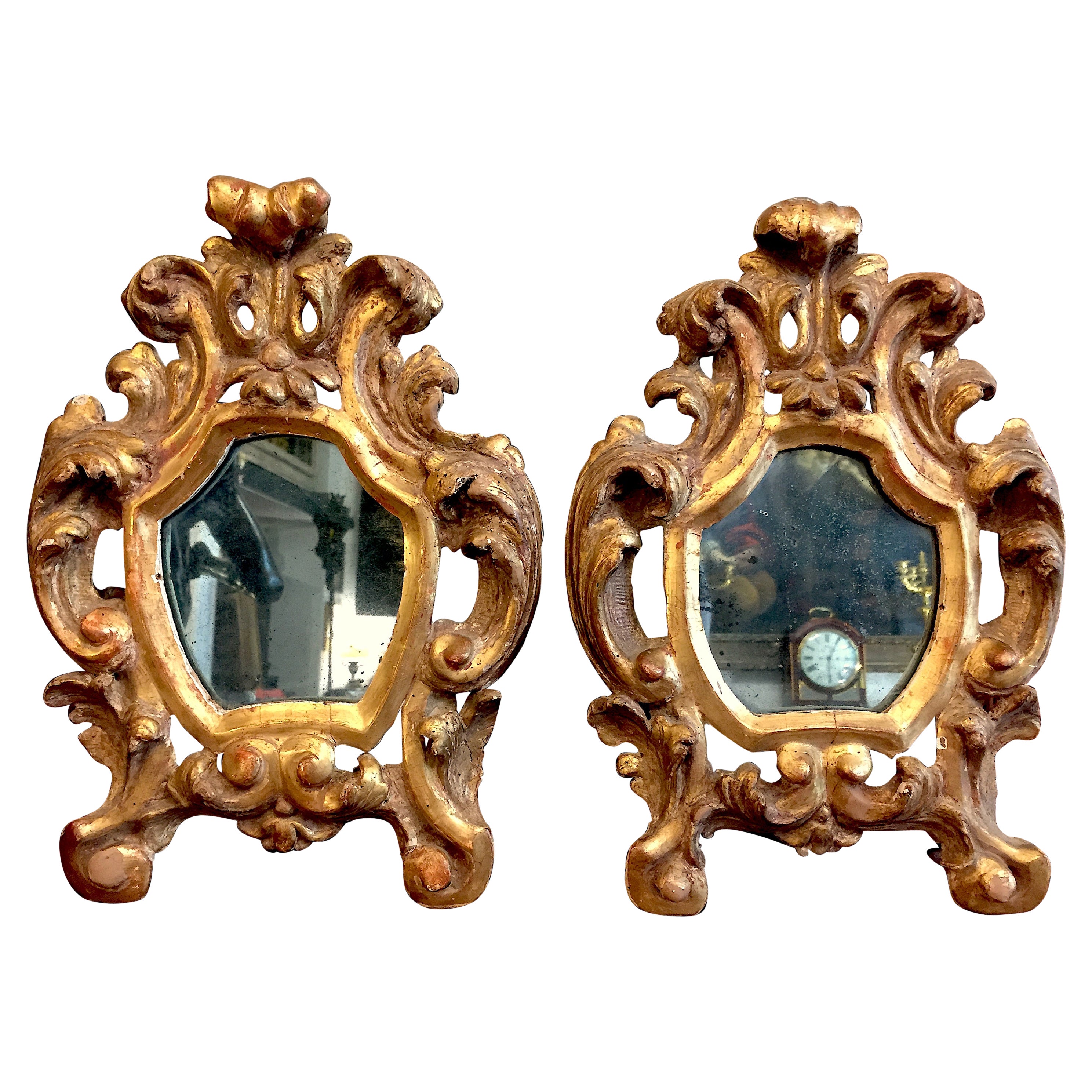 18th Century Italian Pair of Gilt Frames Small Louis XV Carved Mirrors