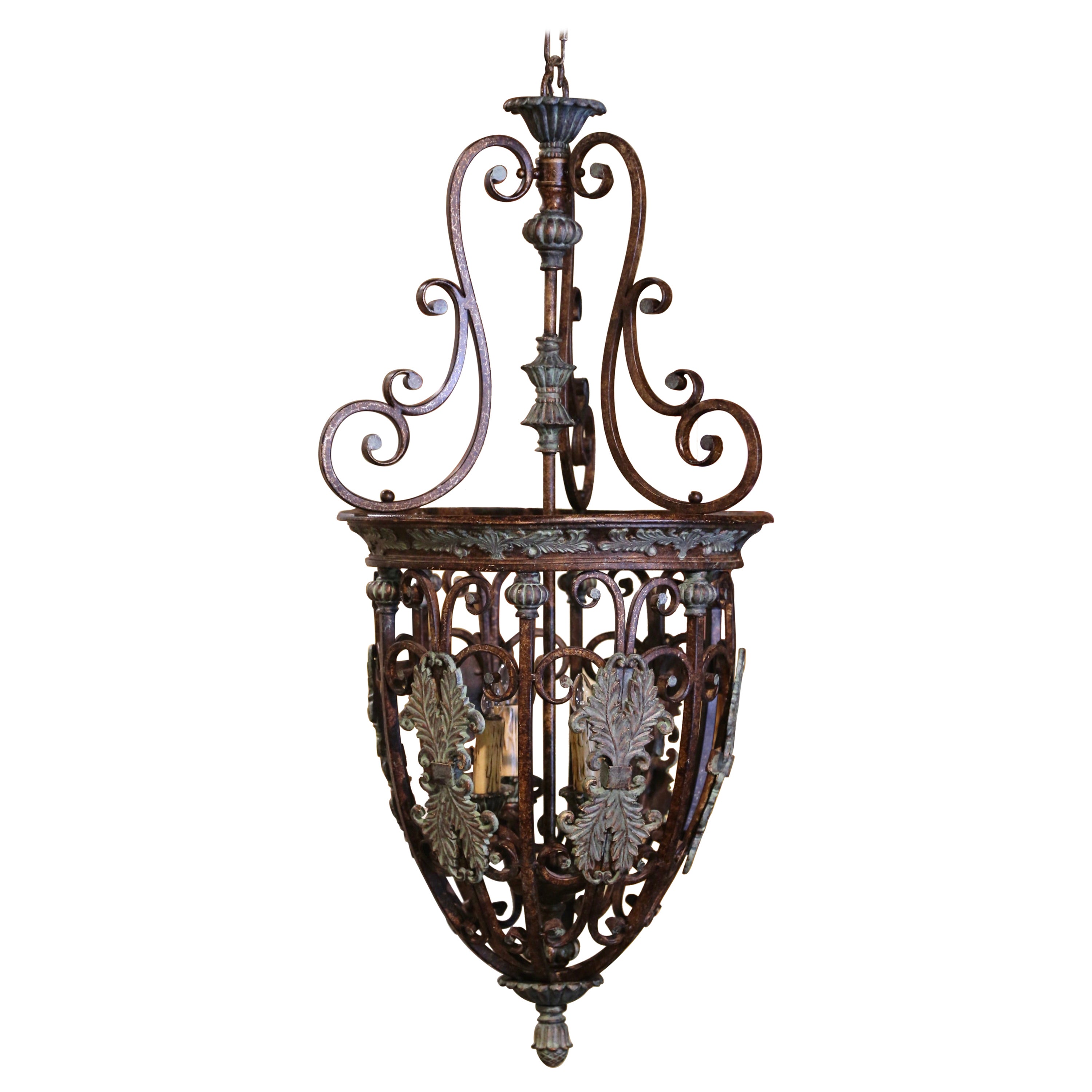Midcentury French Gothic Verdigris and Bronze Iron Four-Light Ceiling Lantern