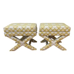 Pair of Midcentury Geometric Design X-Leg Stools