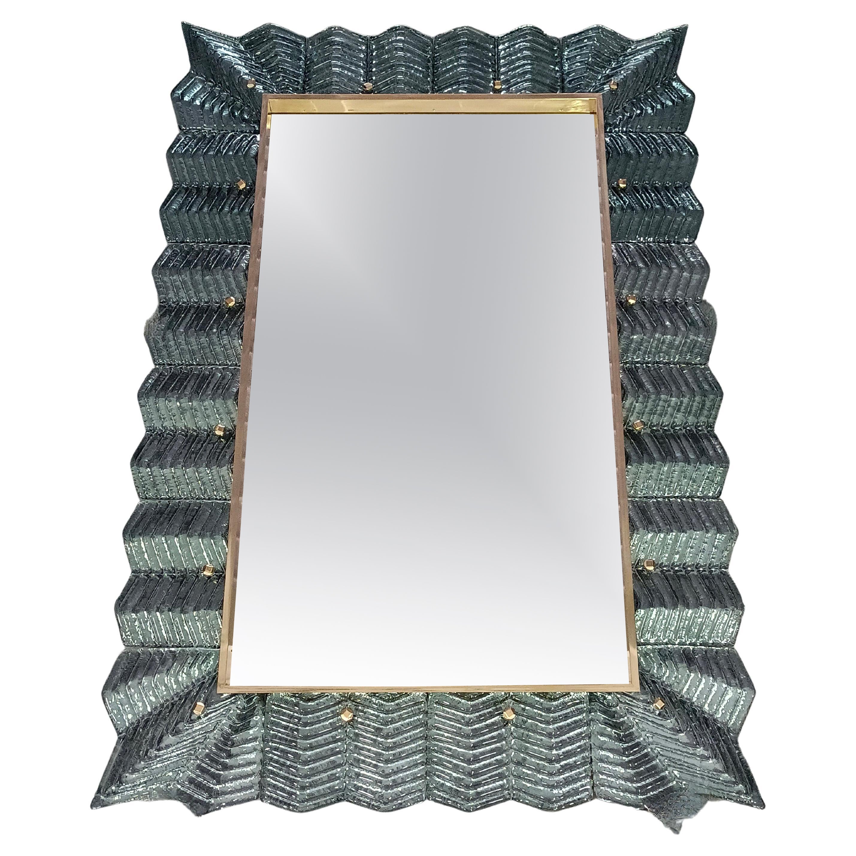 Murano Teal Color Glass and Brass Mid-Century Wall Mirror, 2000