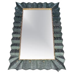 Murano Teal Color Glass and Brass Mid-Century Wall Mirror, 2000
