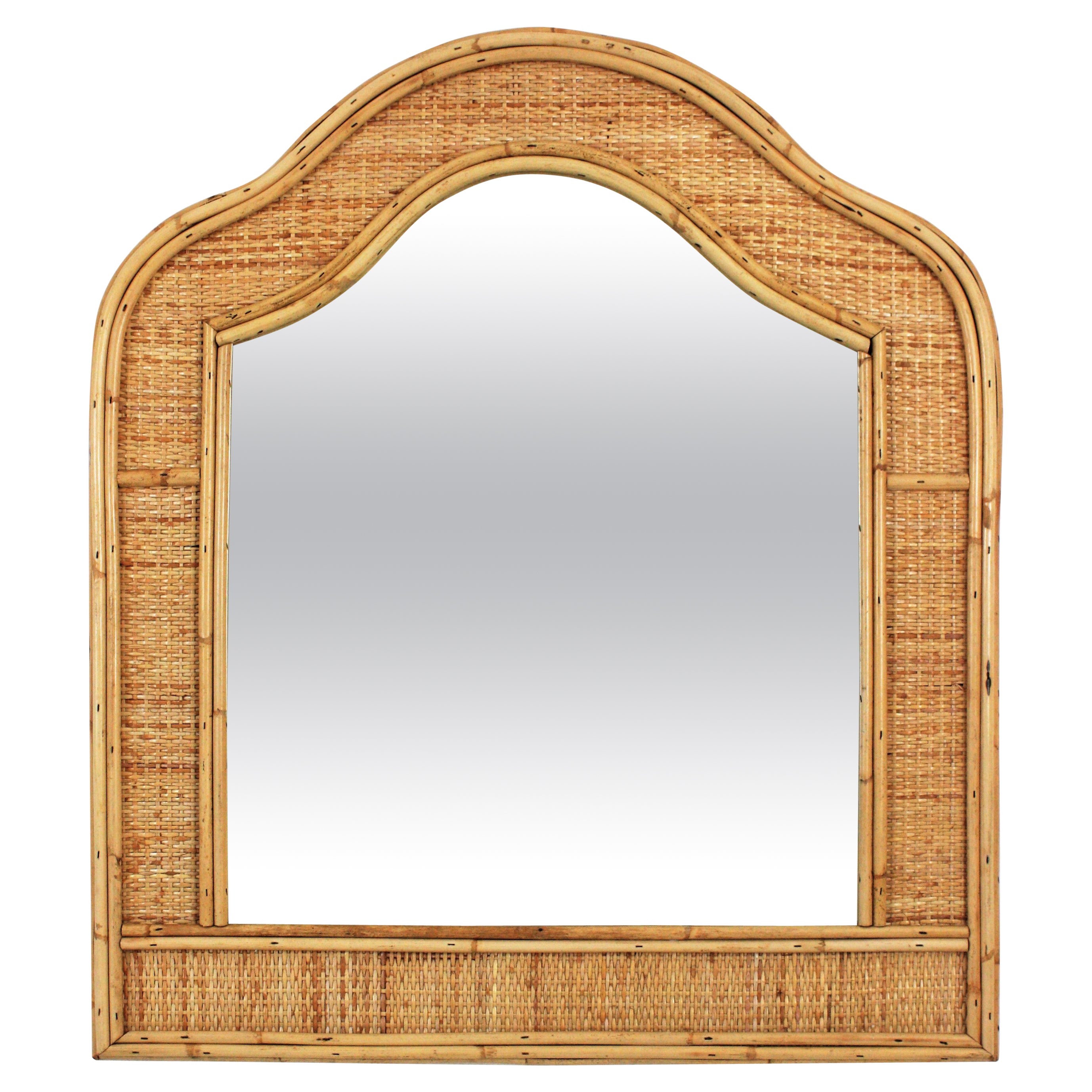 French Coastal Arched Mirror in Rattan and Woven Wicker