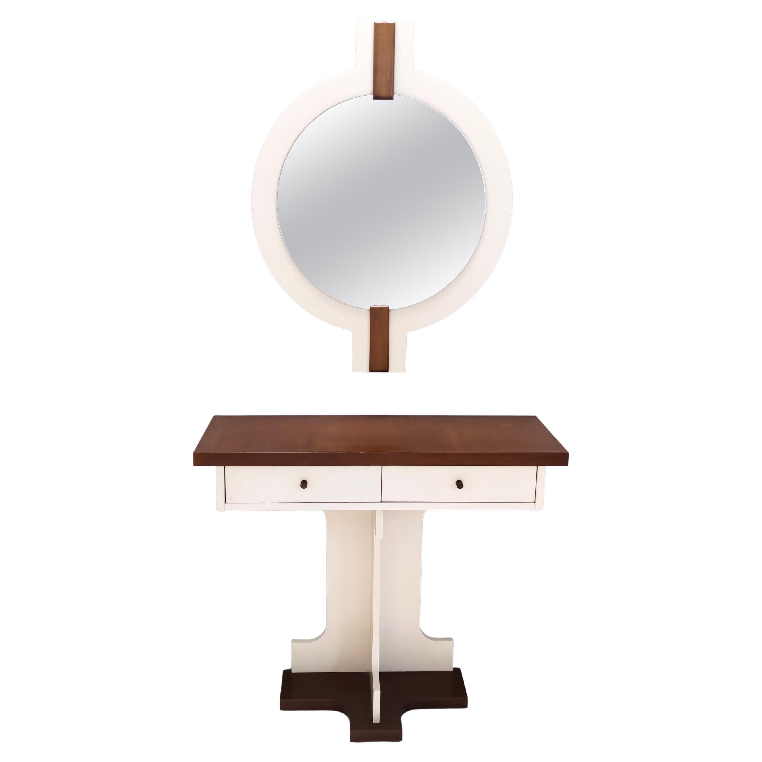 Postmodern Walnut Wall Mirror and Console with Ivory Lacquered Parts, Italy For Sale