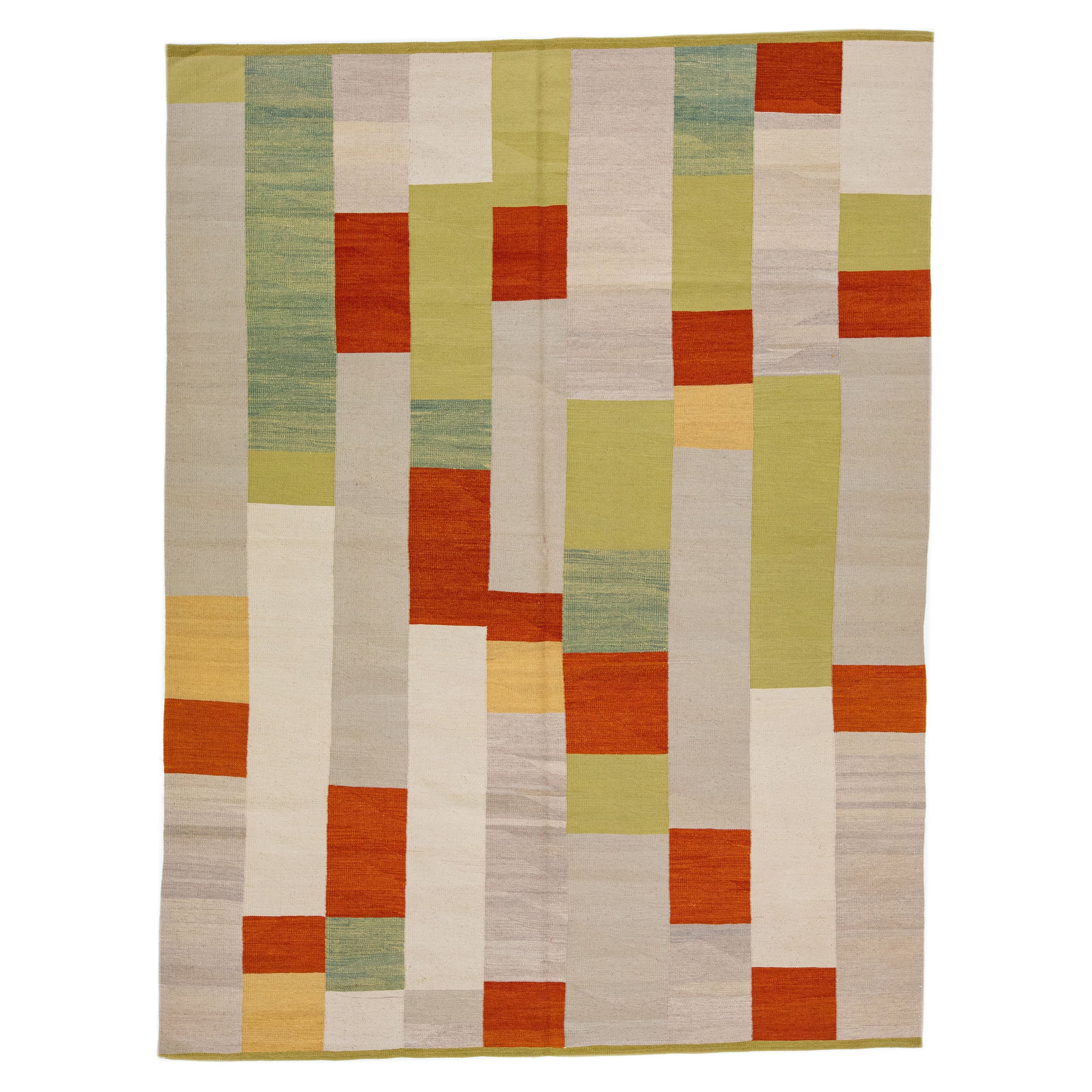 Modern Kilim Flatweave Wool Rug with Multicolor Geometric Design For Sale