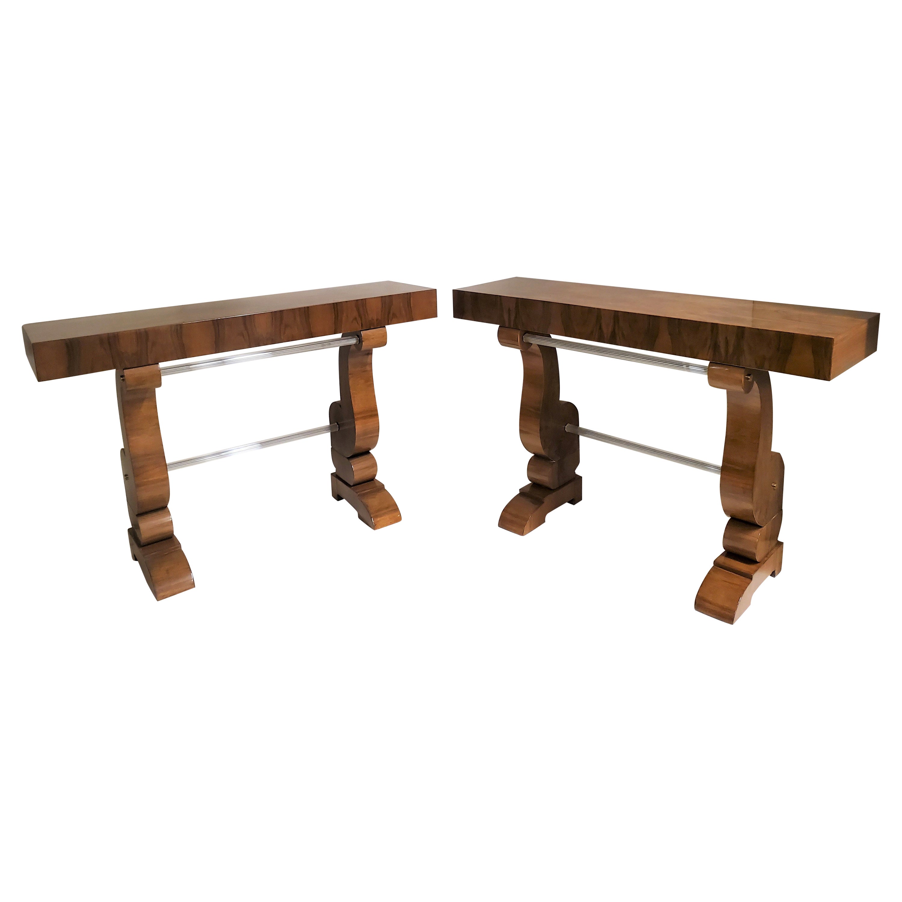 Pair of Original French Double Legged Burl Walnut and Glass Consoles For Sale