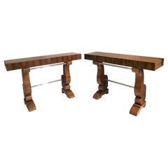 Pair of Original French Double Legged Burl Walnut and Glass Consoles