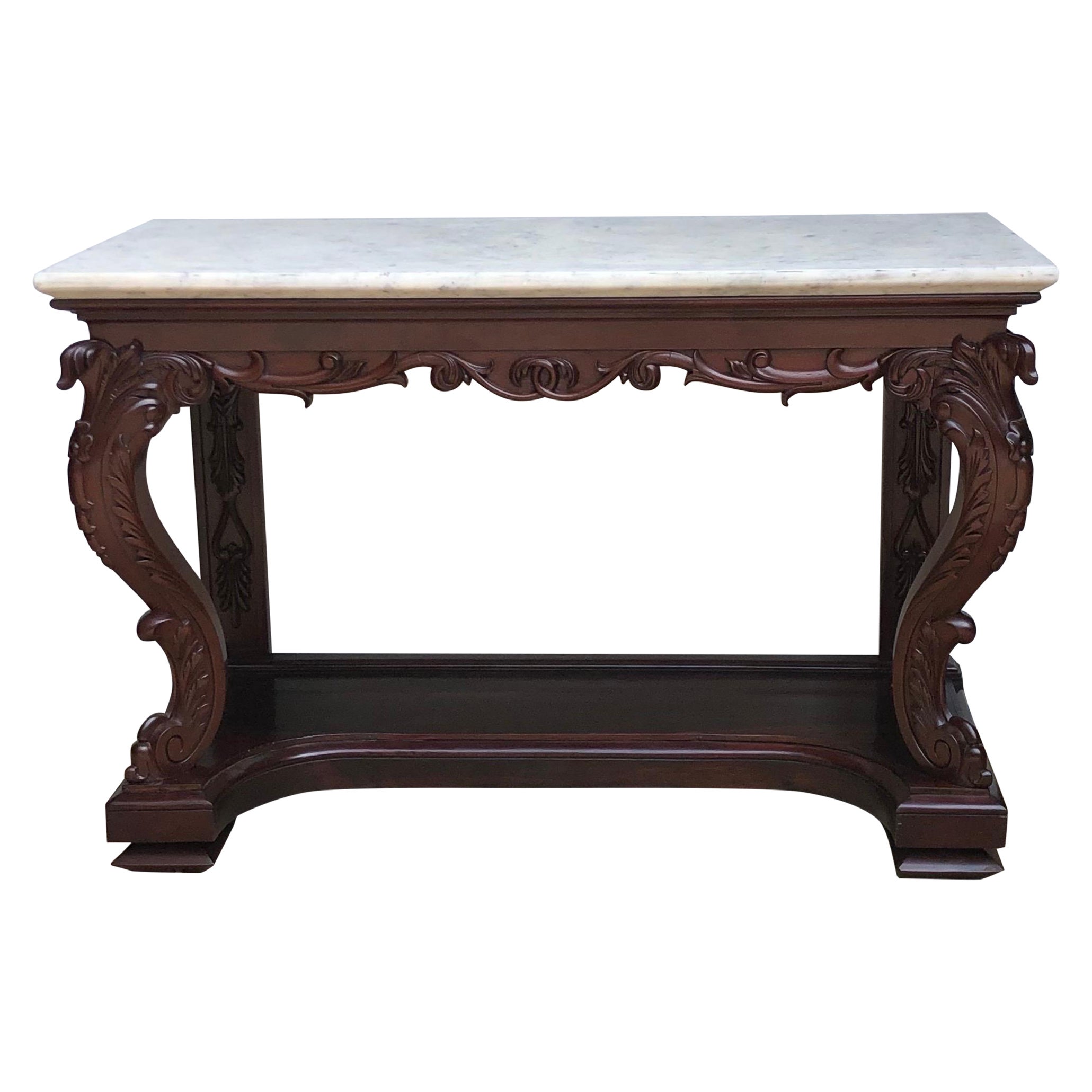 Stamped "J M Edmond Calcutta" Anglo-Indian Mahogany Marble Top Console Table For Sale