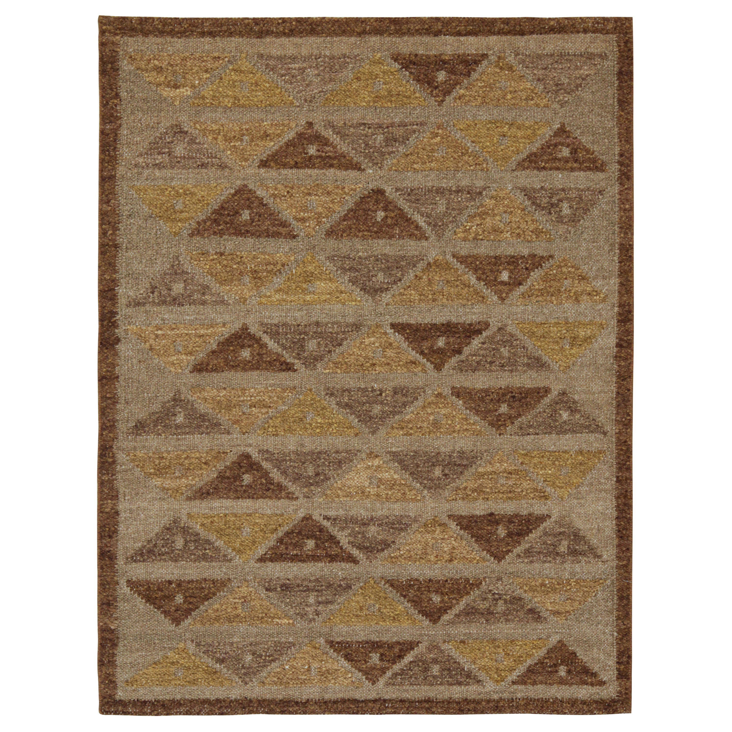Rug & Kilim’s Scandinavian Style Kilim with Brown & Gold Geometric Patterns For Sale