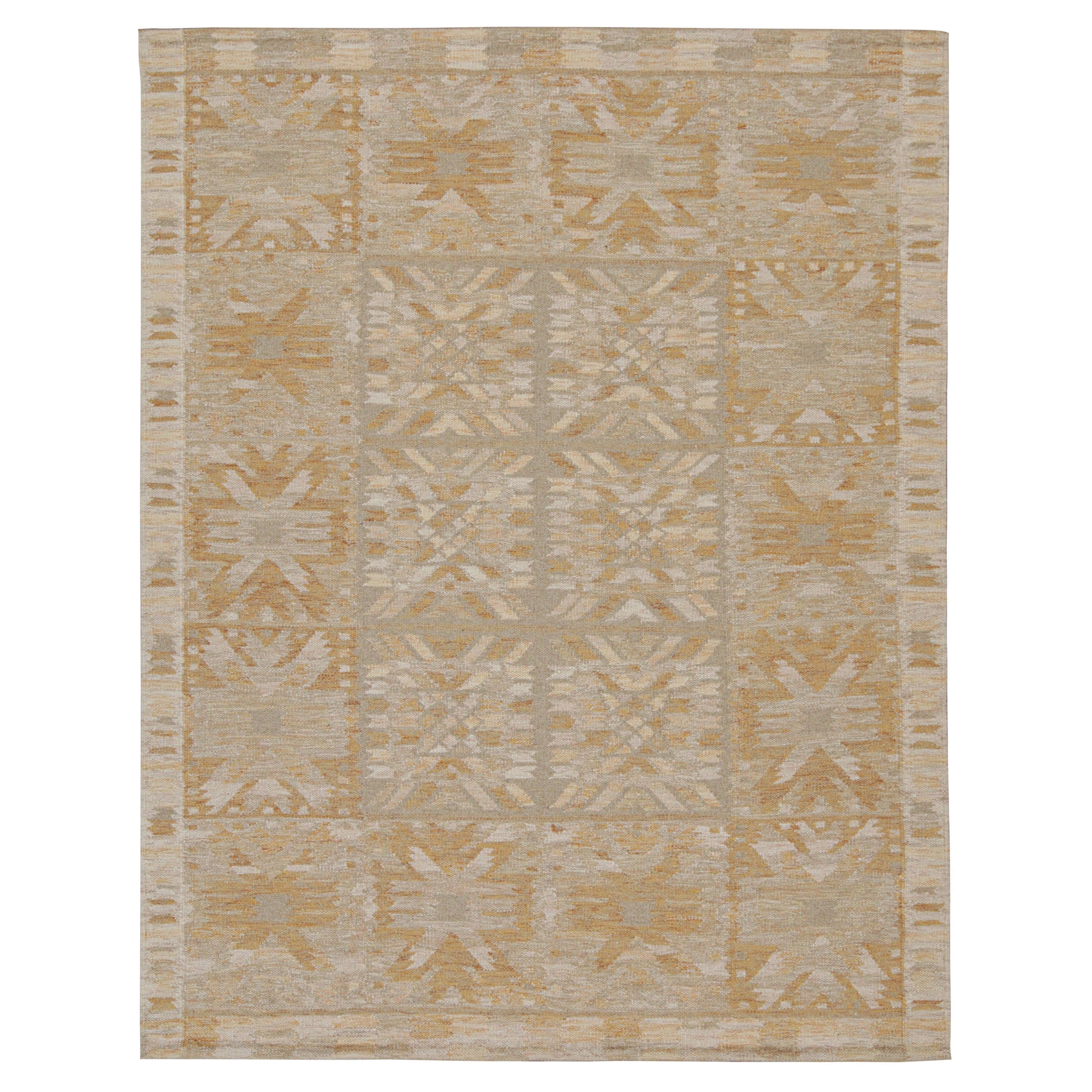 Rug & Kilim’s Scandinavian Style Kilim in Beige and Gold Geometric Patterns For Sale