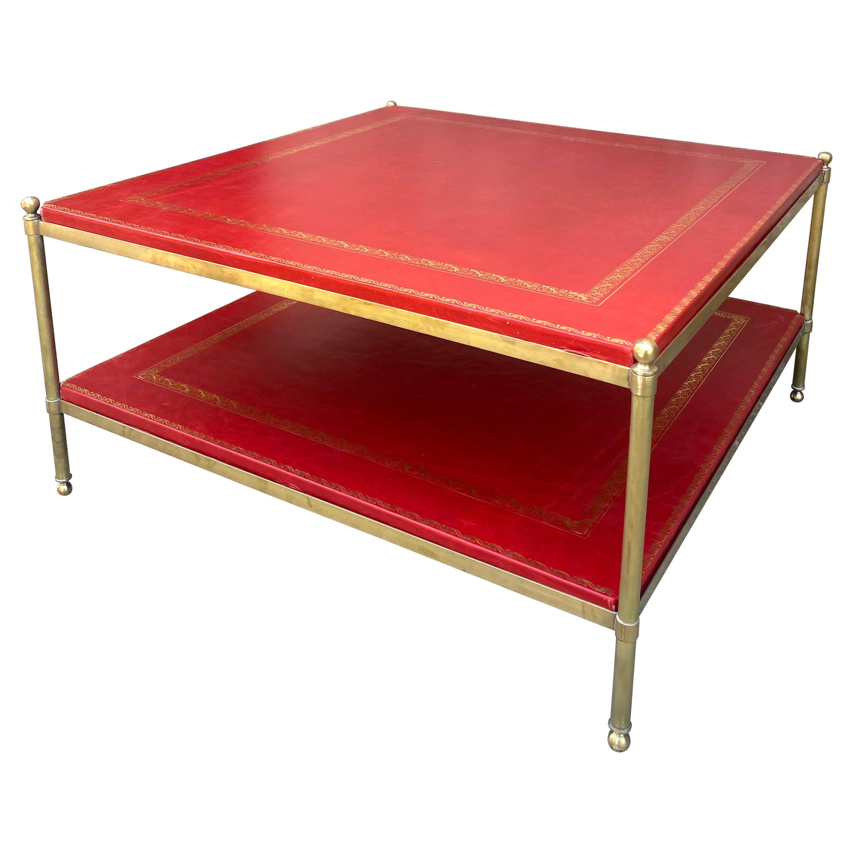 Brass and Embossed Red Leather Coffee Table in the Manner of Maison Jansen For Sale
