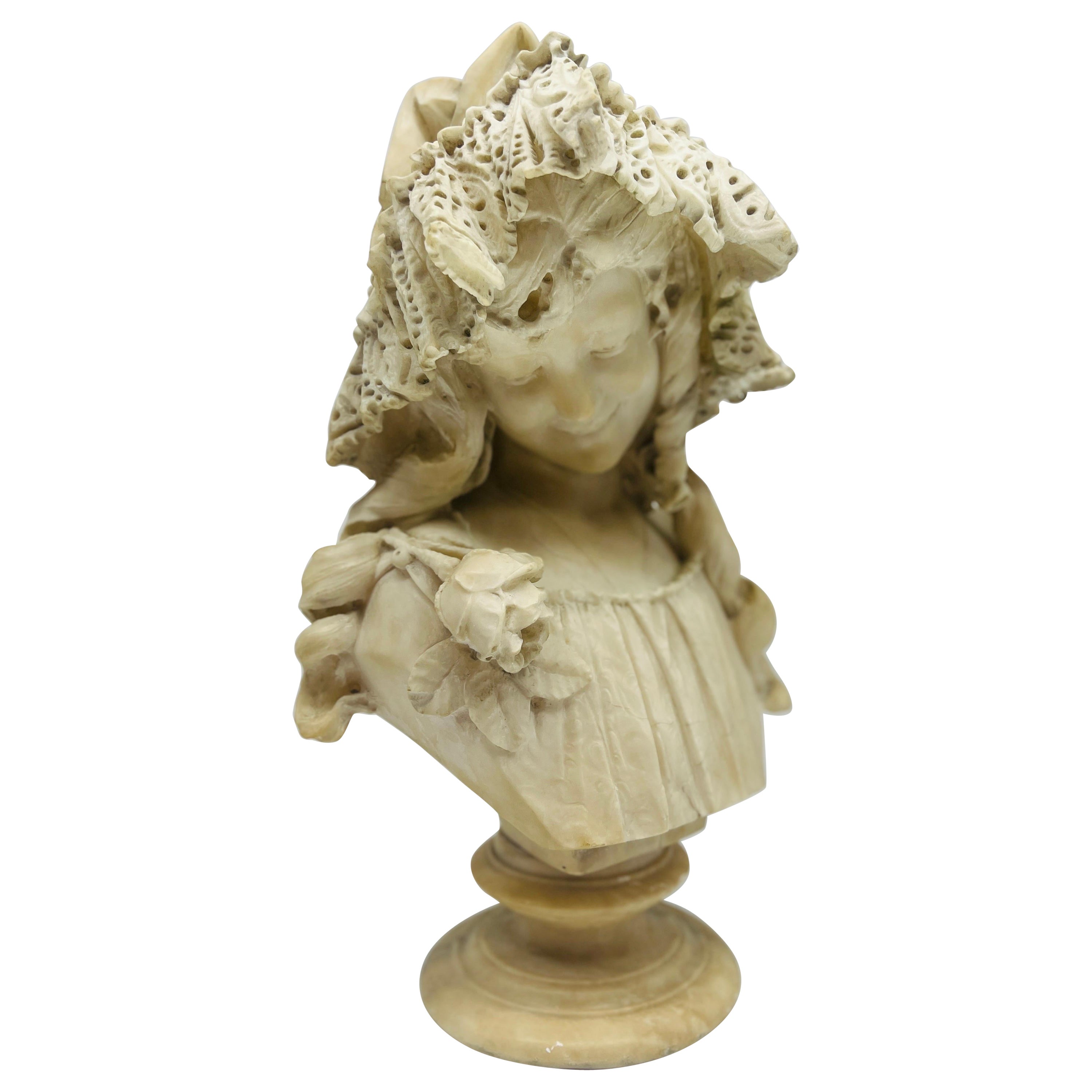 Prof. Antonio Frilli Italian Carved Alabaster Bust of a Young Women circa 1895 For Sale