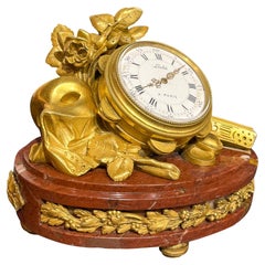 Unique Clock by F Linke in Louis XVI Style with Gilt-Bronze and Rouge Marble
