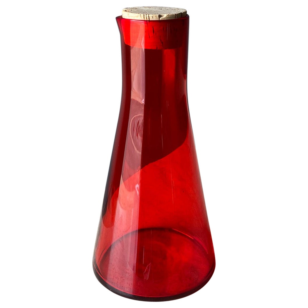 Scandinavian Red Art Glass Pitcher With Cork Lid