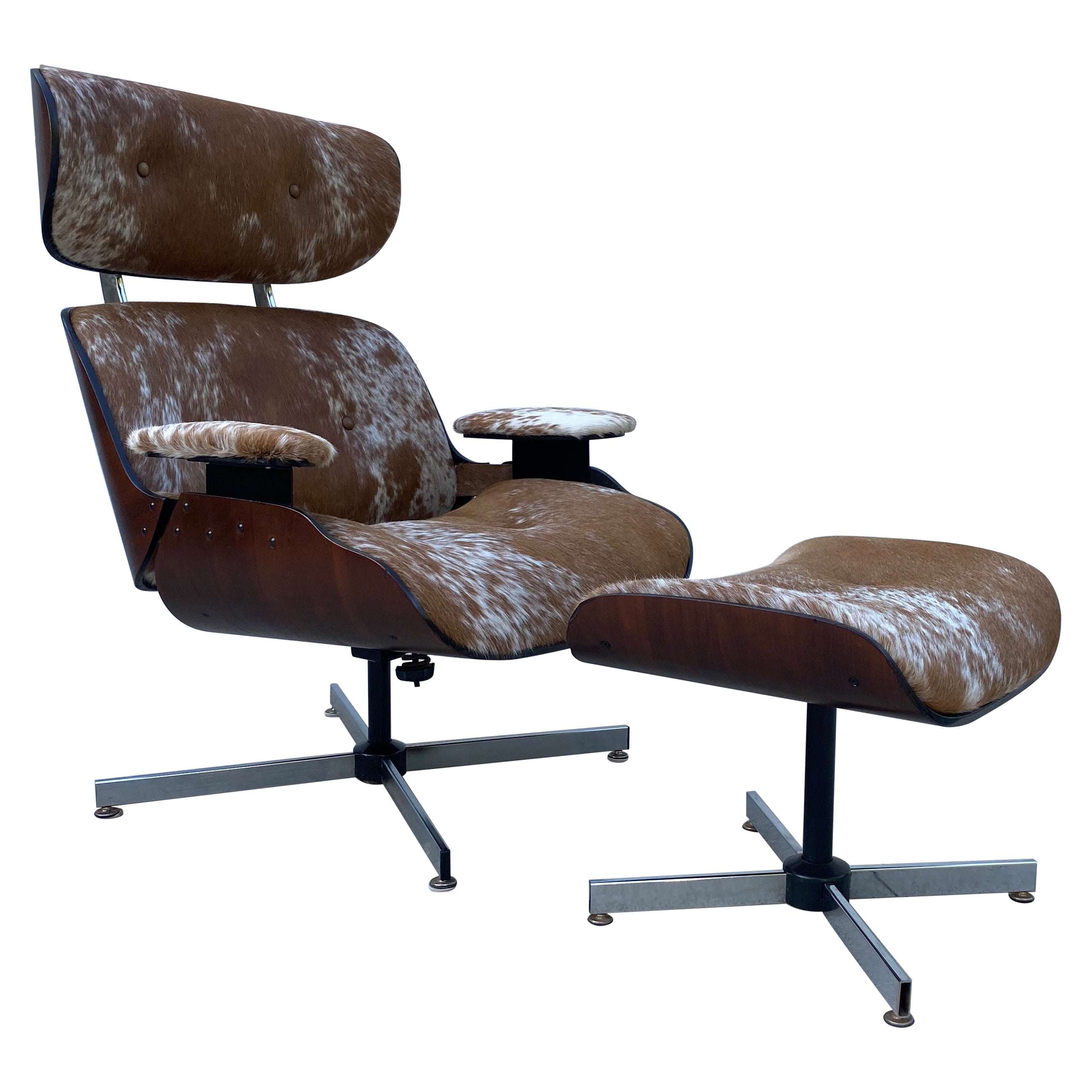 Reupholstered Mcm Lounge Chair Set in Cowhide