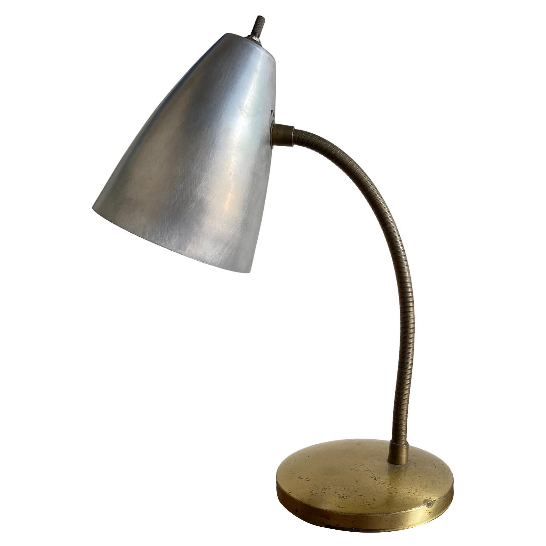 Aluminum Cone and Brass Gooseneck Desk Lamp