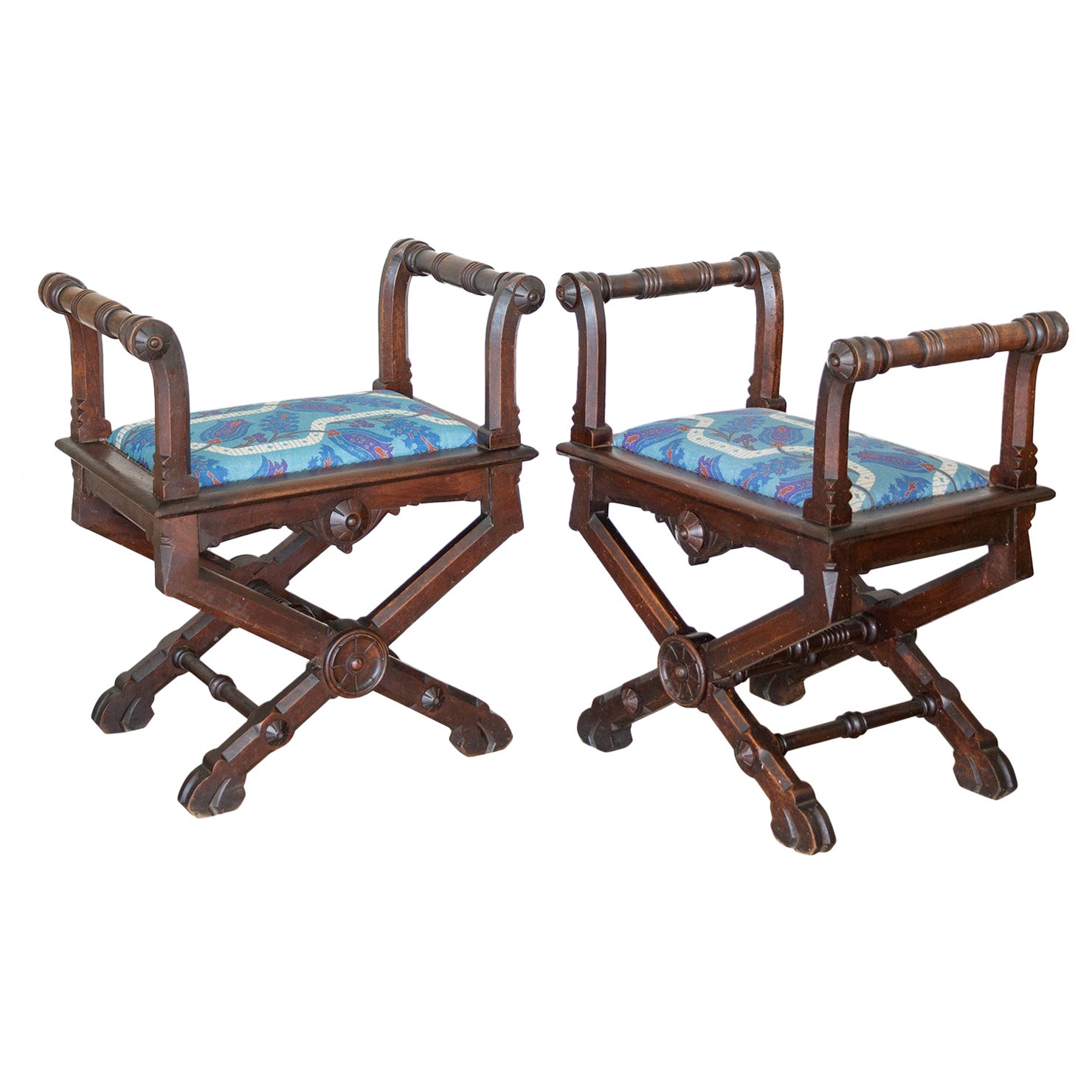 Pair of French Carved Wood Stools For Sale