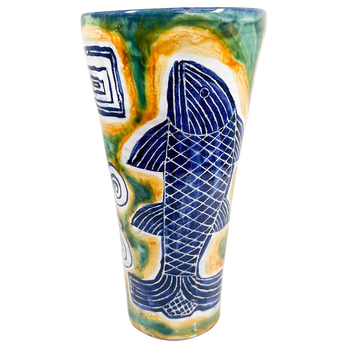 1997 Modern Blue and Green Fish Pottery Ceramic Vase For Sale