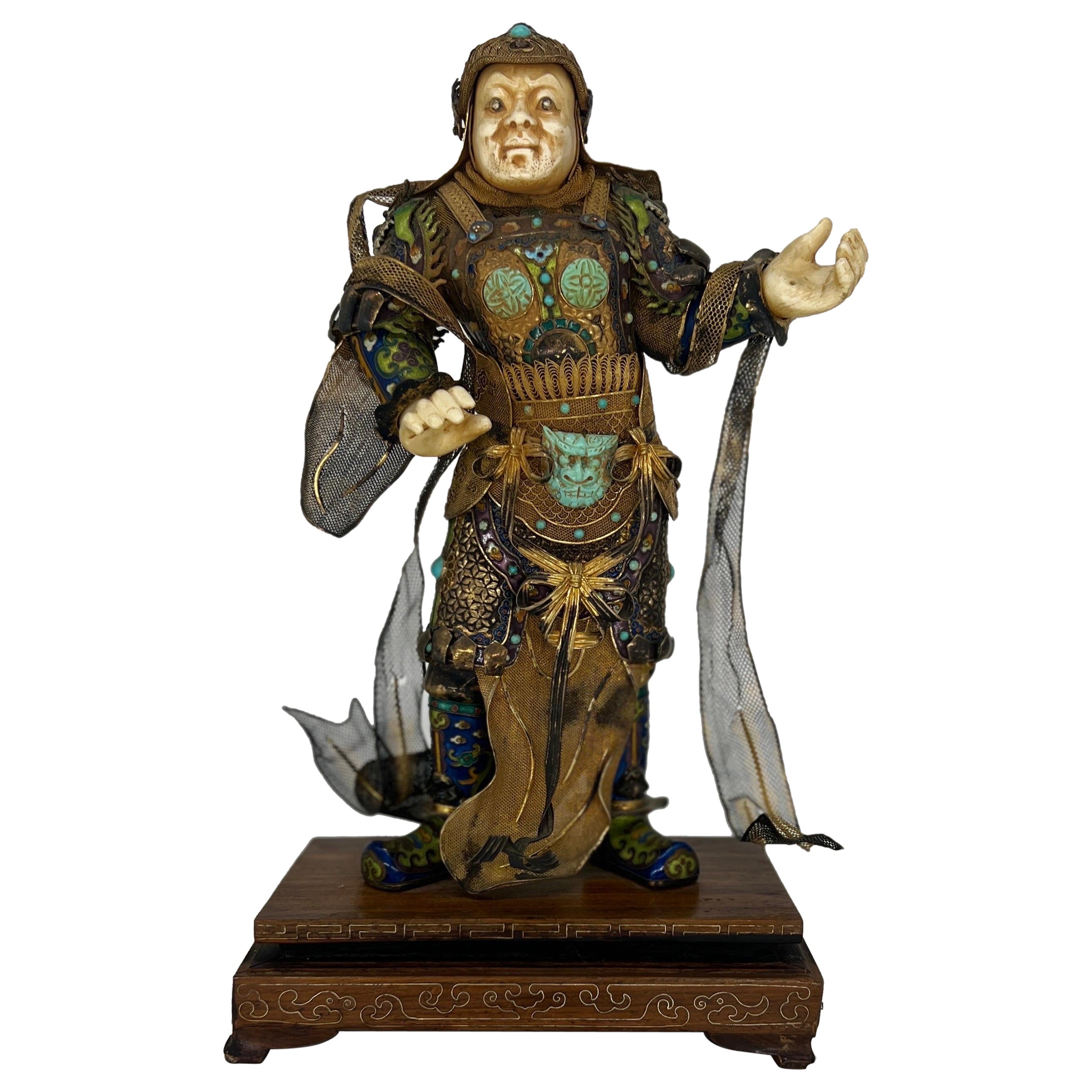 Antique Chinese Silver Gilt, Enamel & Turquoise Mounted Immortal Figurine For Sale