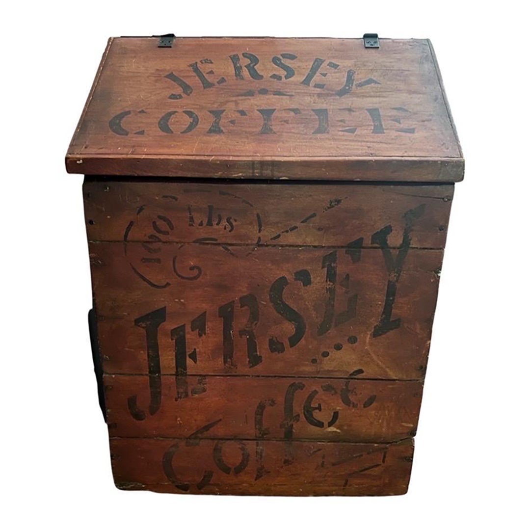 Large Antique Primitive “Jersey Coffee” 100 Lb Storage Bin, Original Paint For Sale
