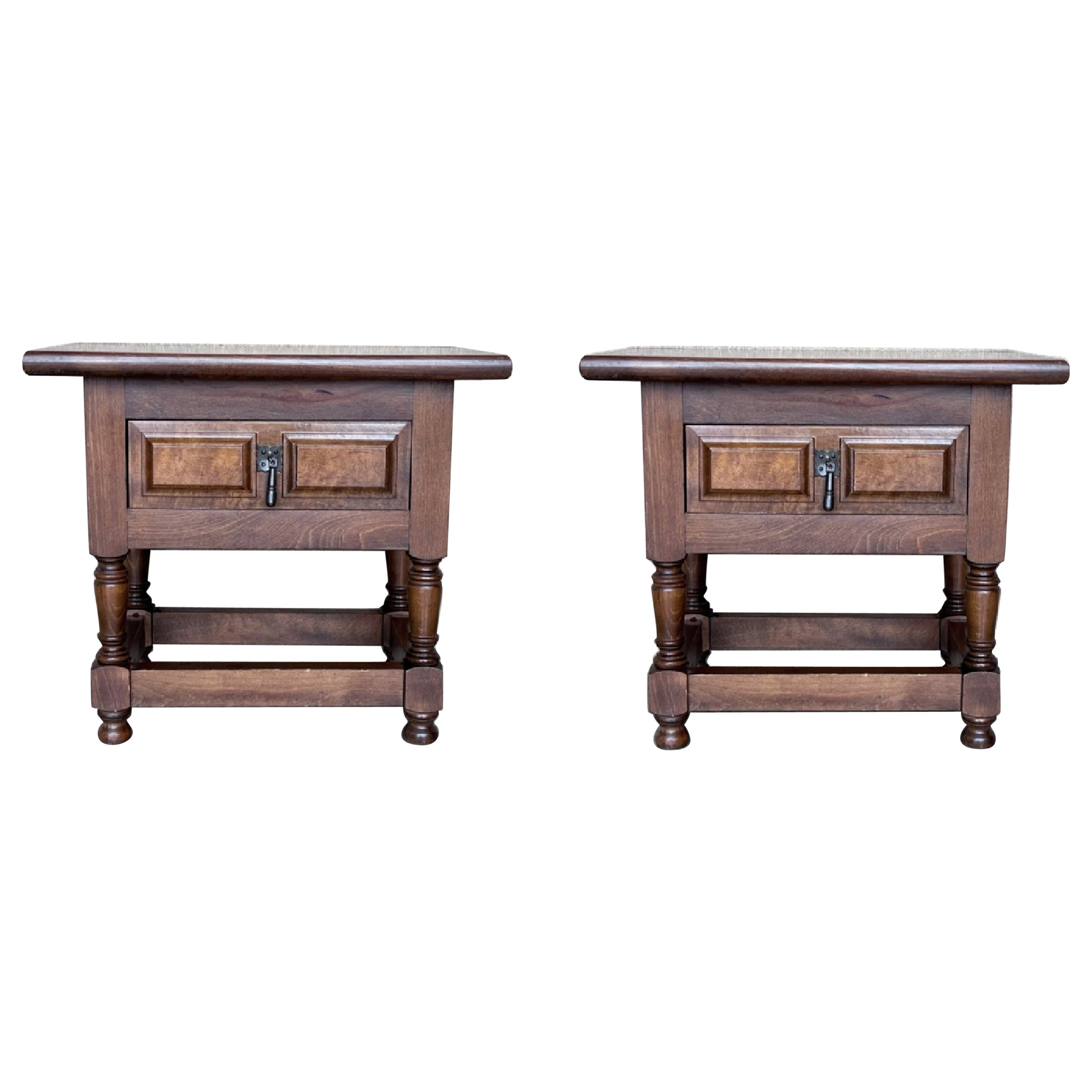 20th Pair of Large Spanish Nightstands or Low Console Tables with Drawer For Sale