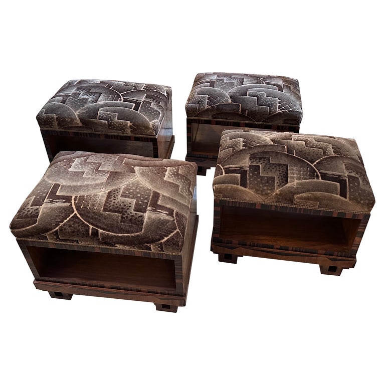 Set of Four 1930s Art Deco Various Wood and Futurist Fabric Italian Poufs  For Sale at 1stDibs