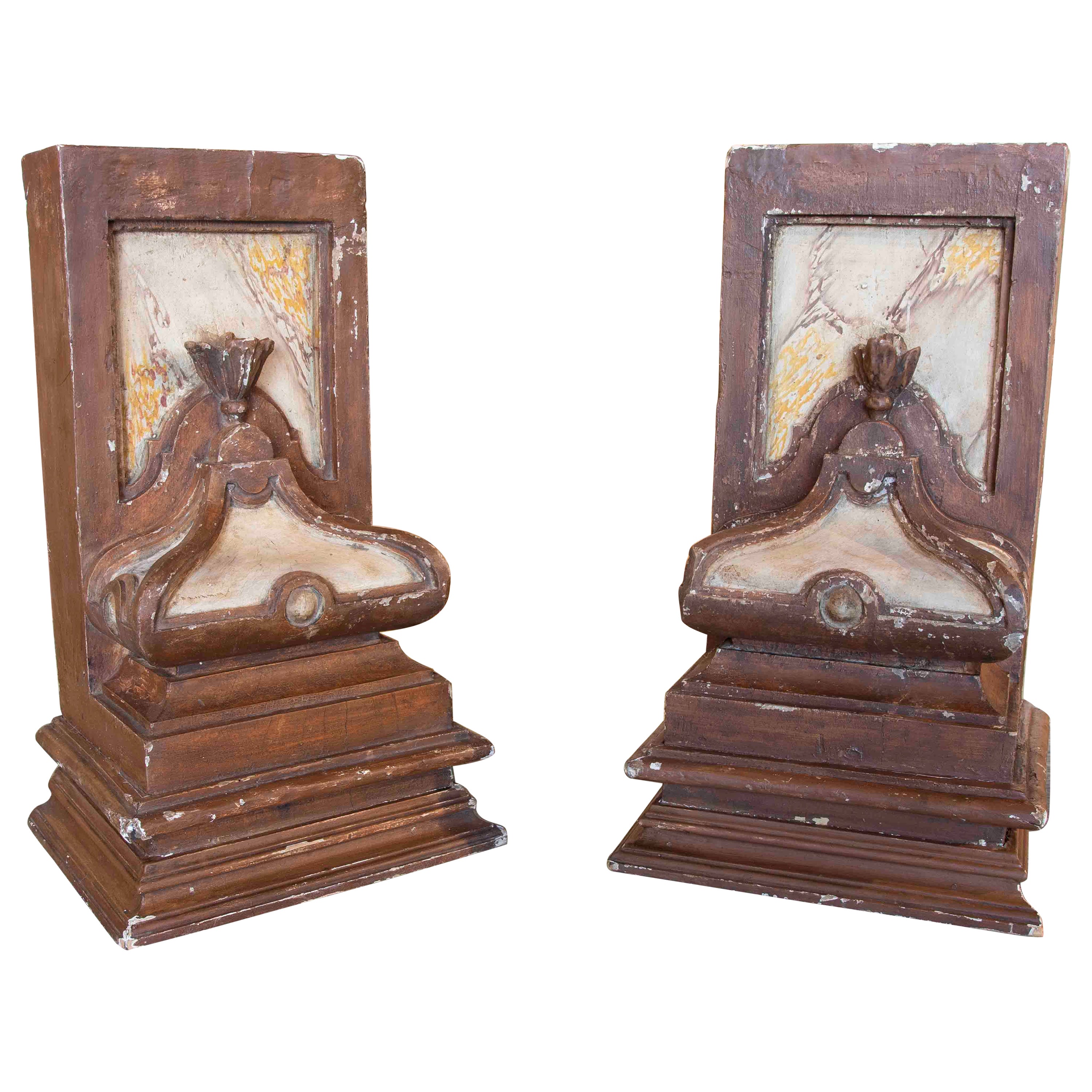 19th Century Pair of Wooden Mensulae Painted Brown and Marbled For Sale