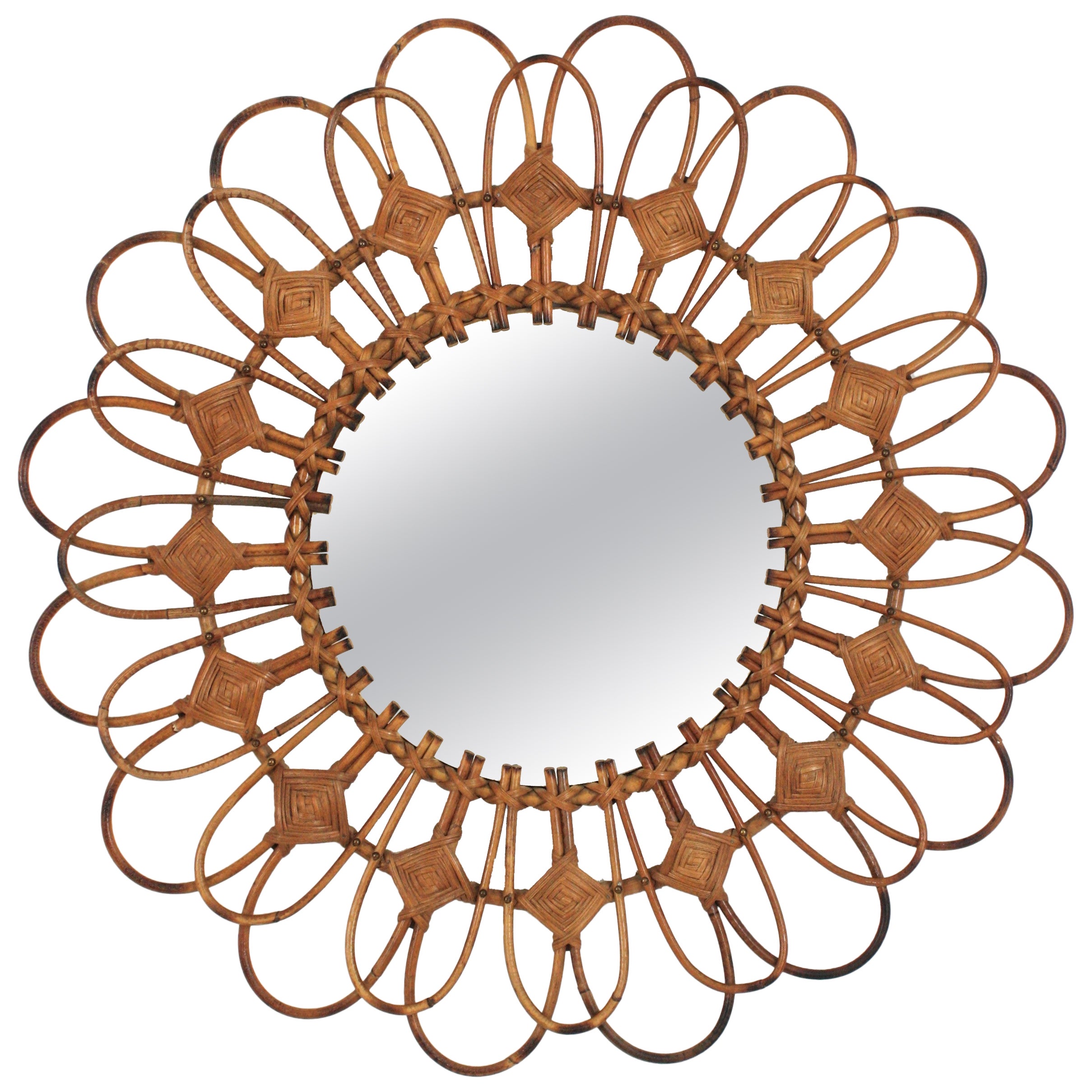 Miroir français à fleurs Sunburst en rotin, années 1960 en vente