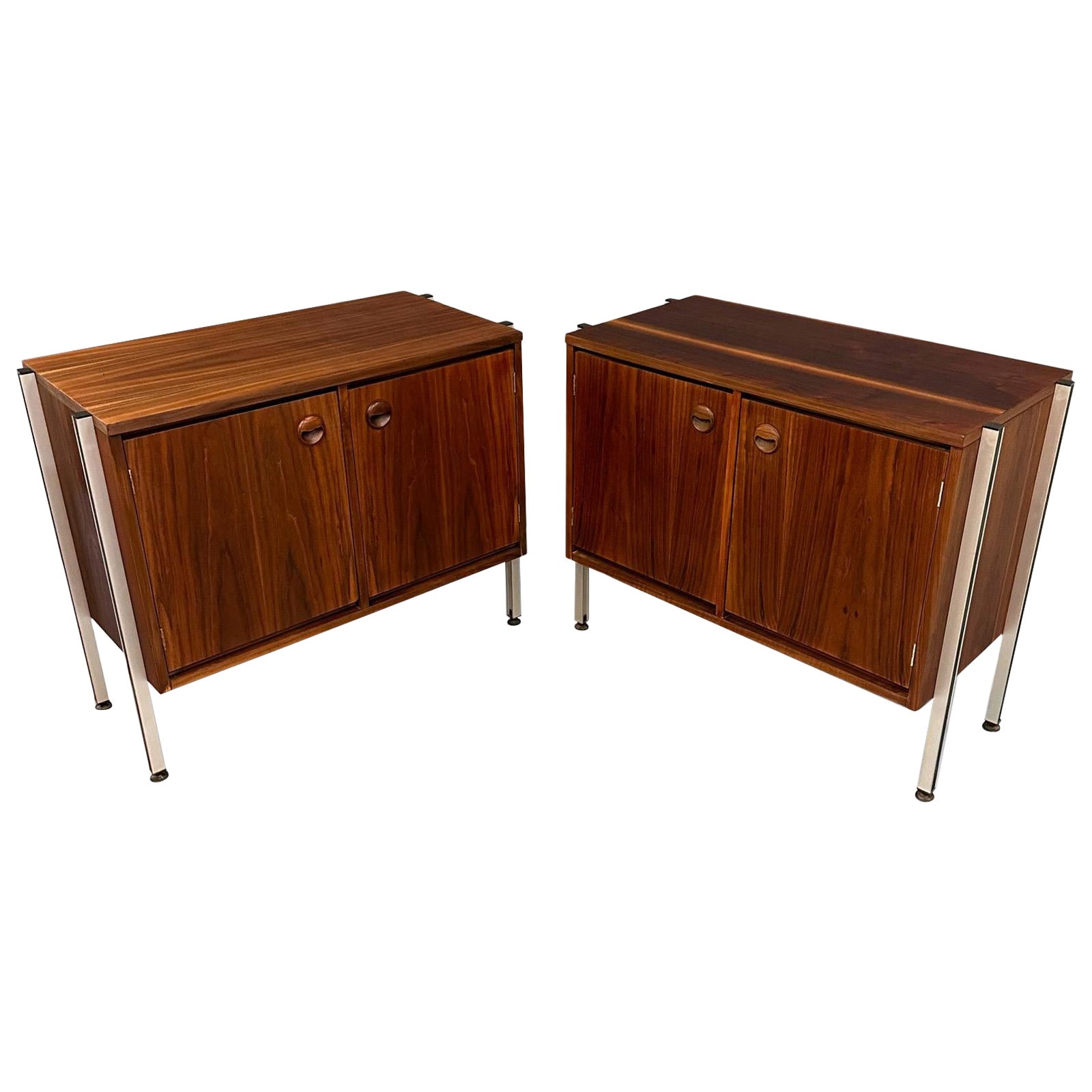 Pair of Midcentury Walnut Cabinets with Exposed Aluminum Legs Style of Wormley For Sale