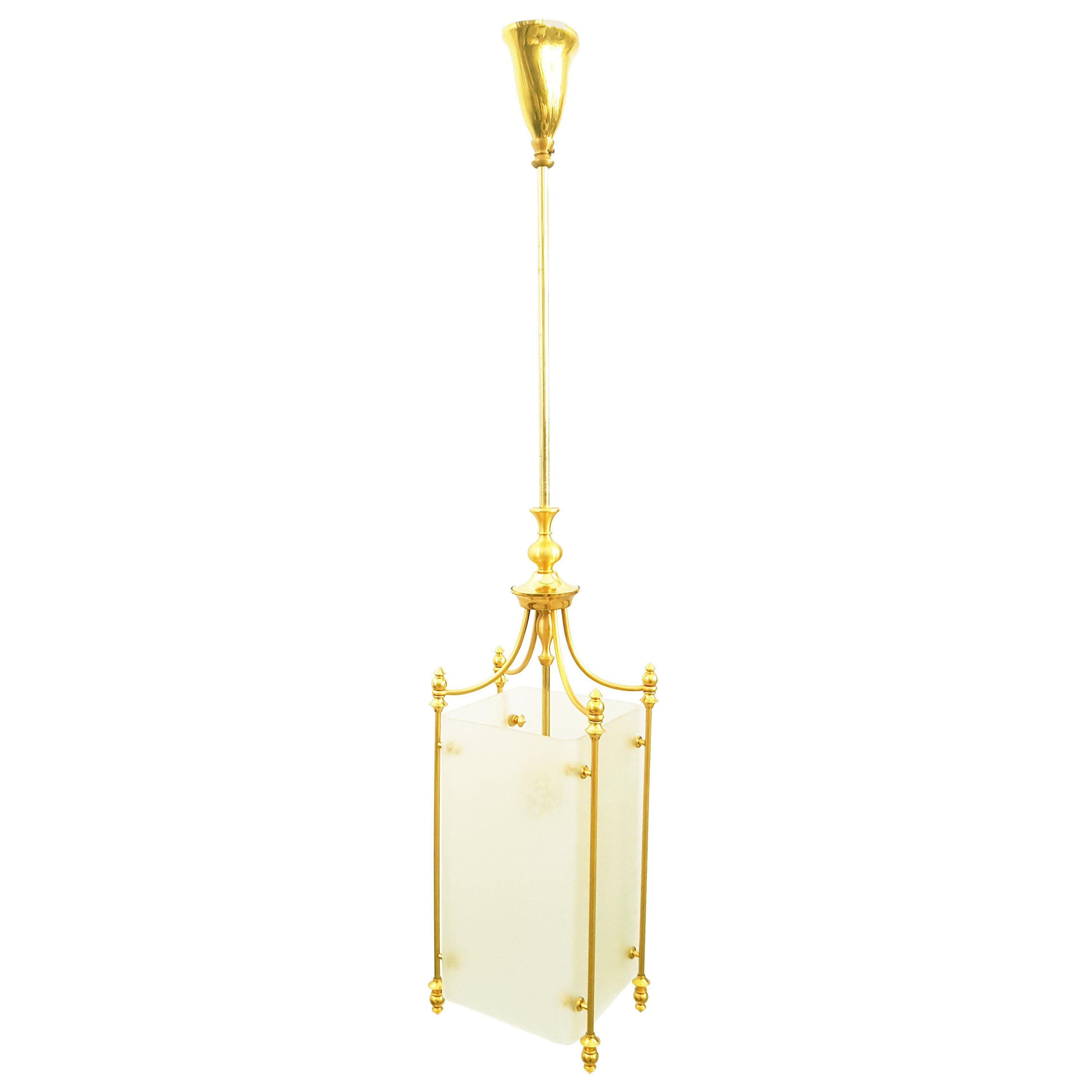 Golden Metal & Etched Glass 1960s Pendant Lamp by Oscar Torlasco for Lumi