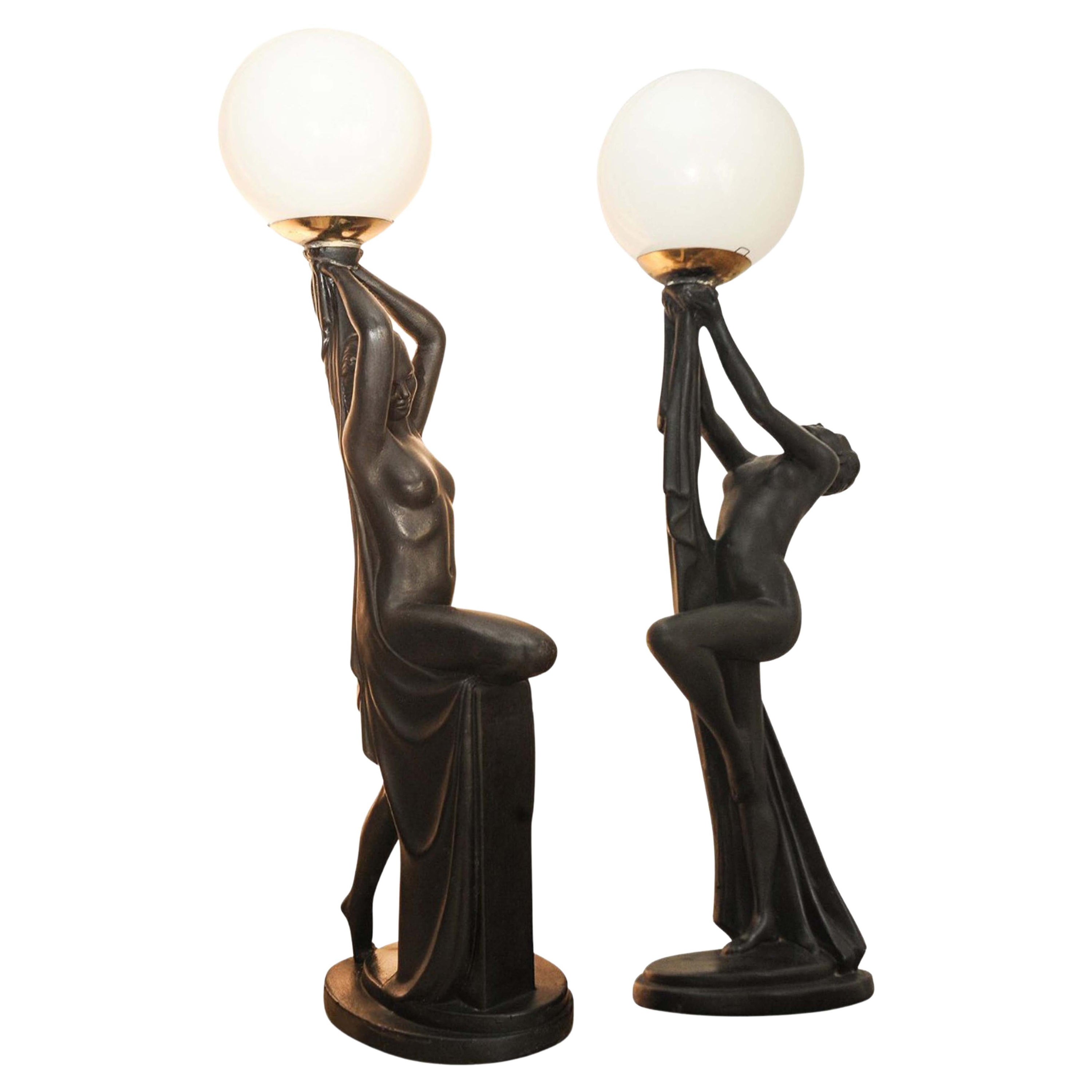 A Set of Art Deco Nude Feminine Form Table Lamps in Ebonised Plaster For Sale