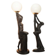 A Set of Art Deco Nude Feminine Form Table Lamps in Ebonised Plaster