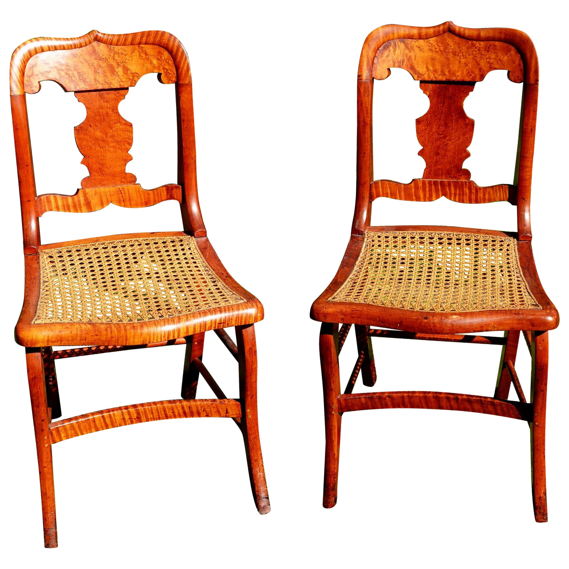 Antique Pair of Federal Tiger Maple & Bird's Eye Cane Seat Dinning Charis For Sale