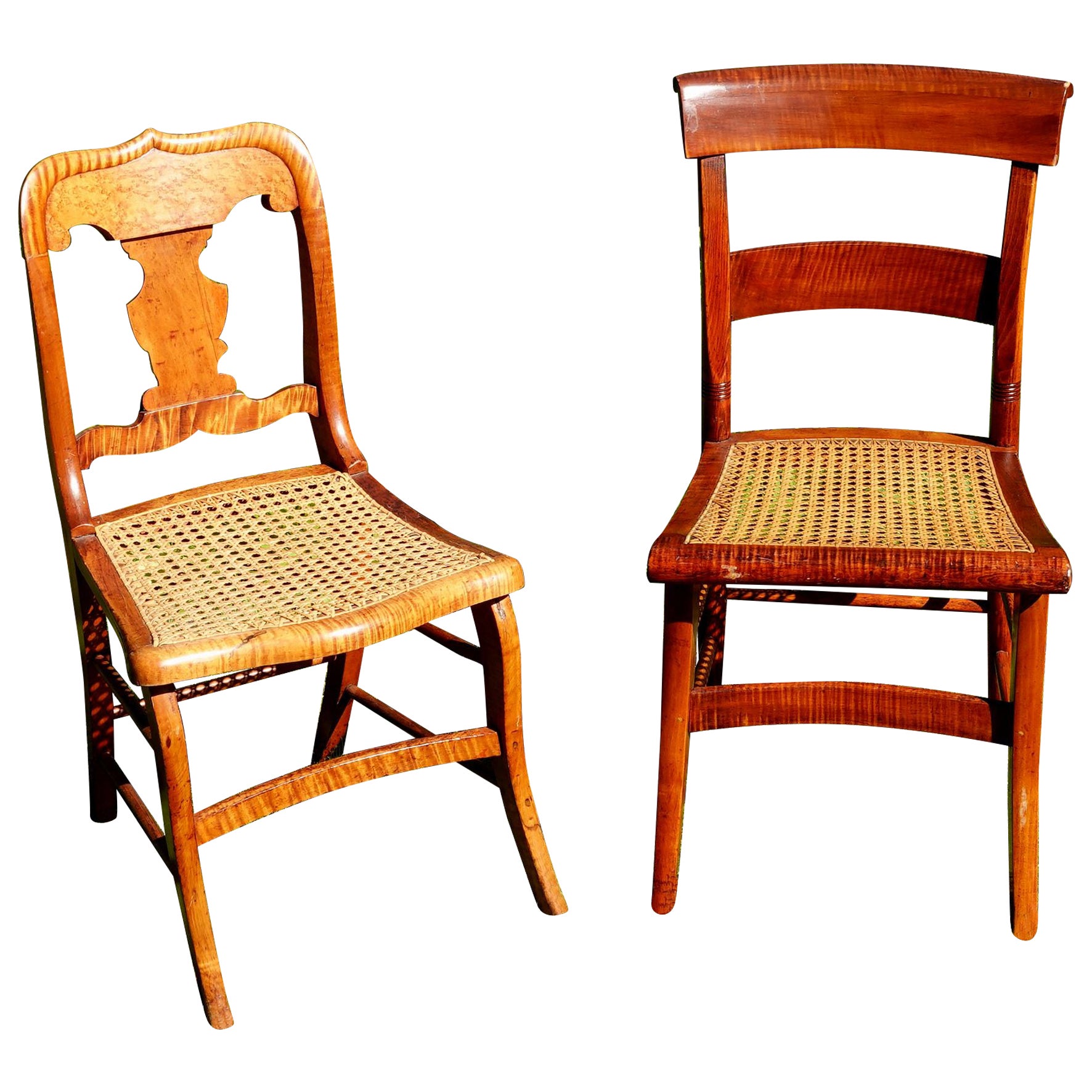 Antiguo 2 Federal Tiger Maple & Bird's Eye Cane Seat Comedor Charis en venta