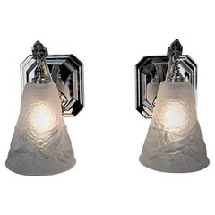 Pair of 1920s Nickel and Frost Glass Art Deco Wall Sconces