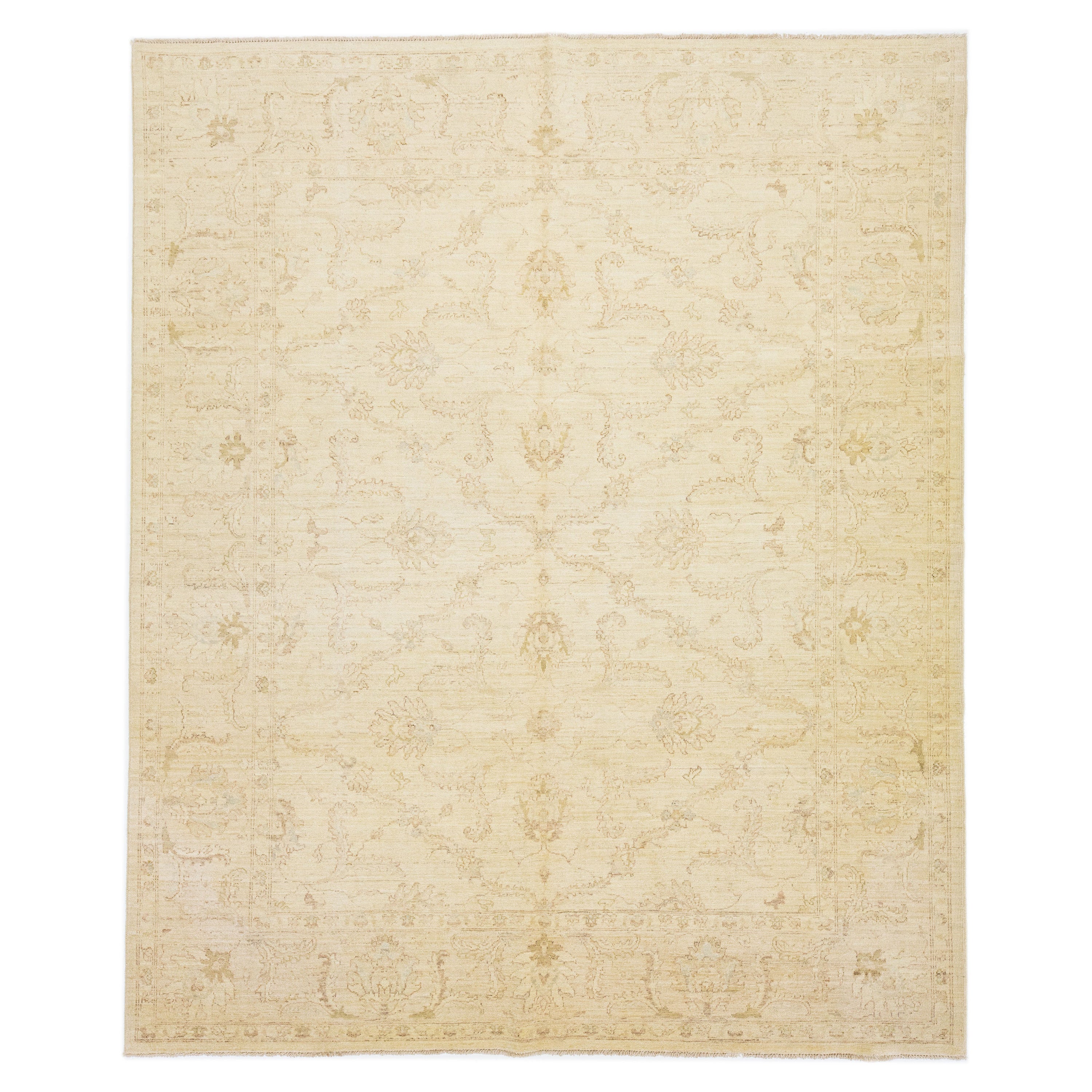 Room Size Modern Khotan Style Wool Rug with Floral Pattern in Beige For Sale