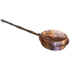 19th Century Copper Bedwarmer with Fleur-de-lis Decorated and Wooden Handle