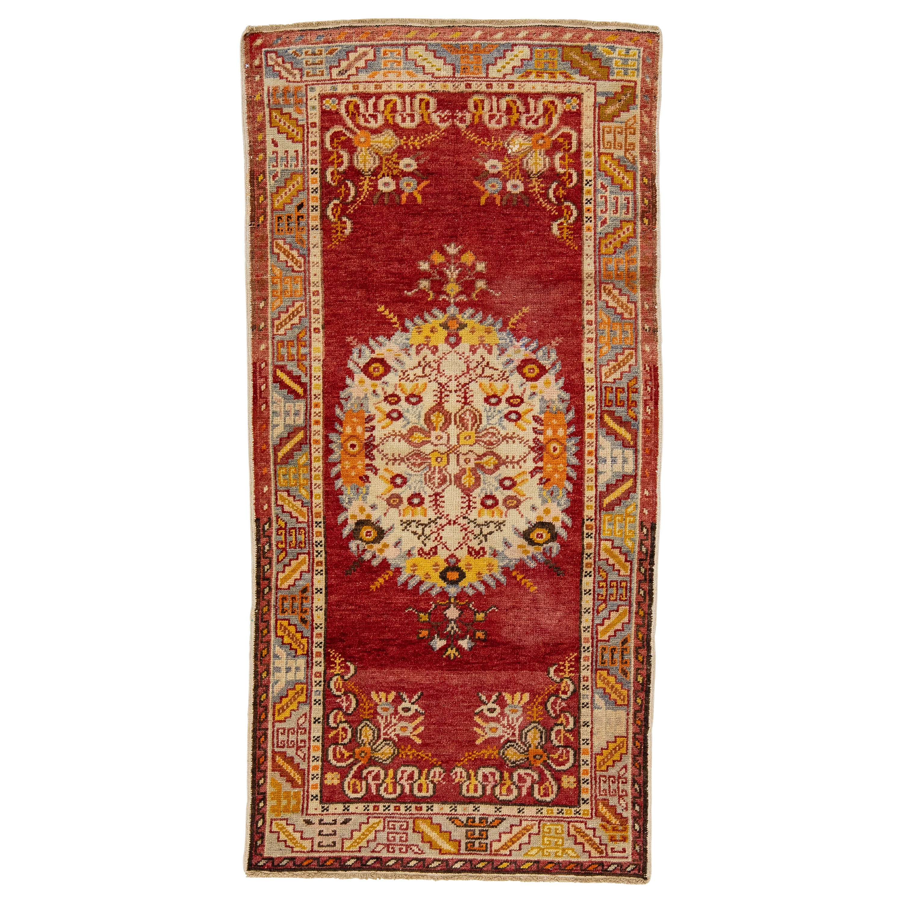 Red Antique Handmade Khotan Wool Rug with Medallion Motif For Sale