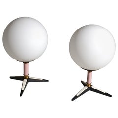 Italian Mid-Century Modern Pair of Opaline Glass and Brass Bedside Lamps